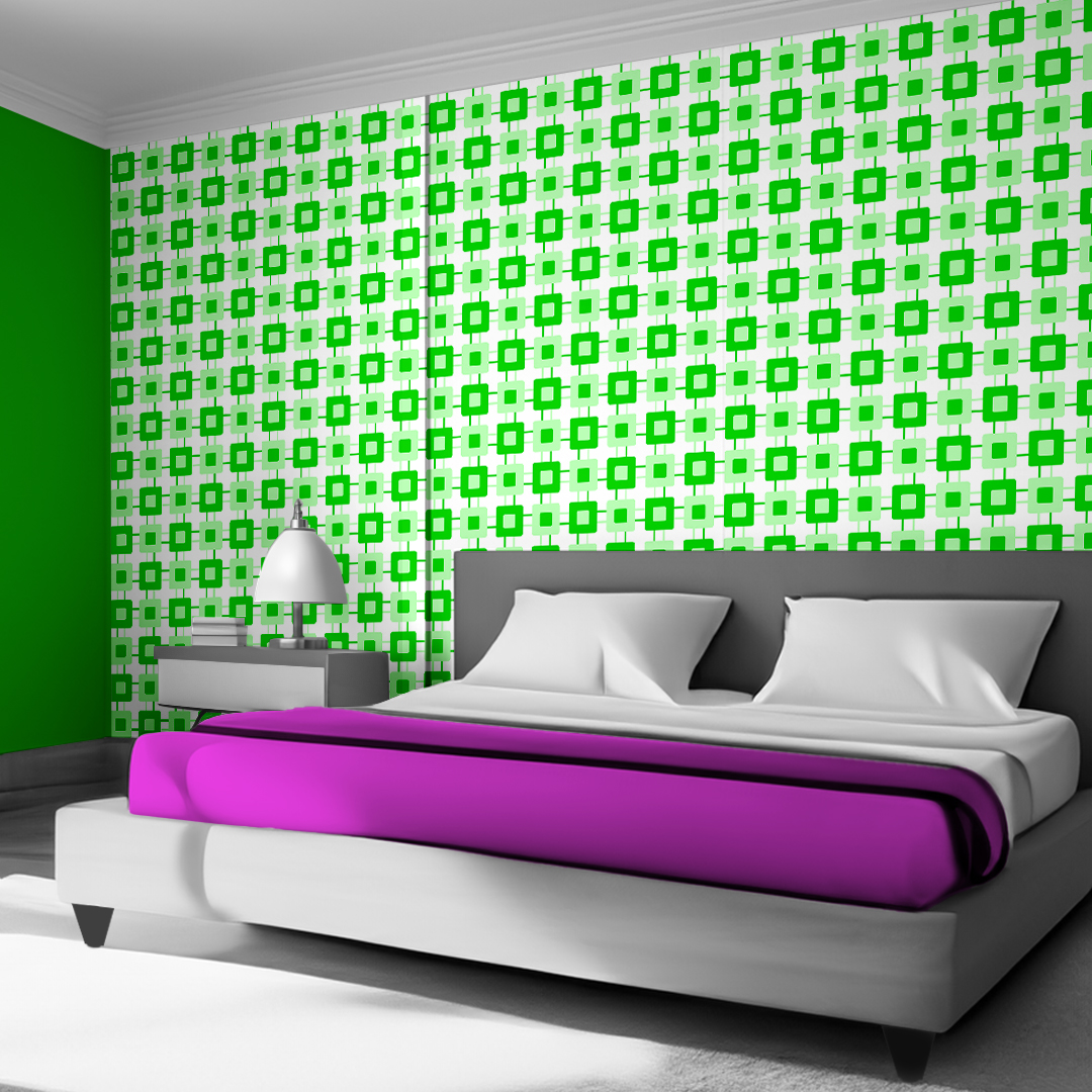 The artwork features a repeating geometric pattern of symmetrical shapes resembling elongated, curved diamonds or petals in various shades of blue and green. Each shape is split vertically with one half filled with a light blue and the other half filled with green or darker blue. The background is a light, almost pastel blue, which provides a soft yet vibrant backdrop. One of the blue shapes near the upper left contains a white starburst element, adding a focal point of brightness to the composition. The overall design conveys a modern, mid-century aesthetic with clean lines and harmonious color contrasts.